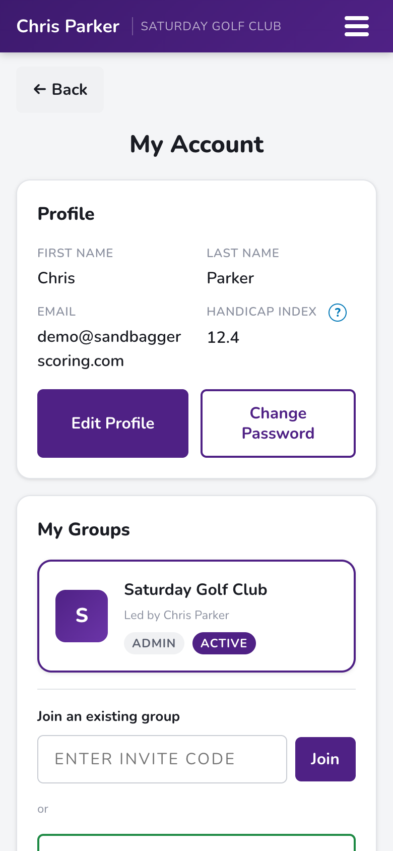 My Account page with profile and groups