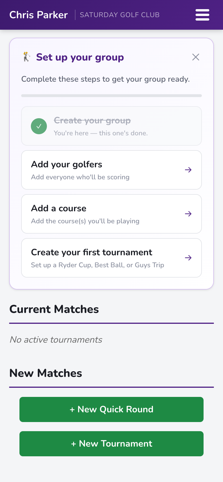 Dashboard for a new group with setup checklist