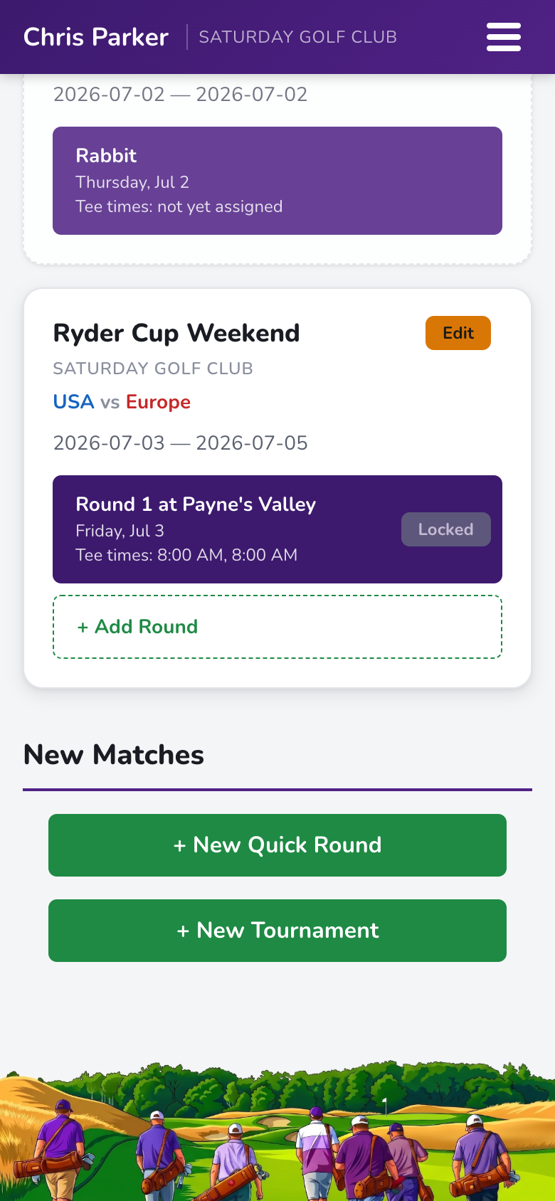 Tournament card on dashboard