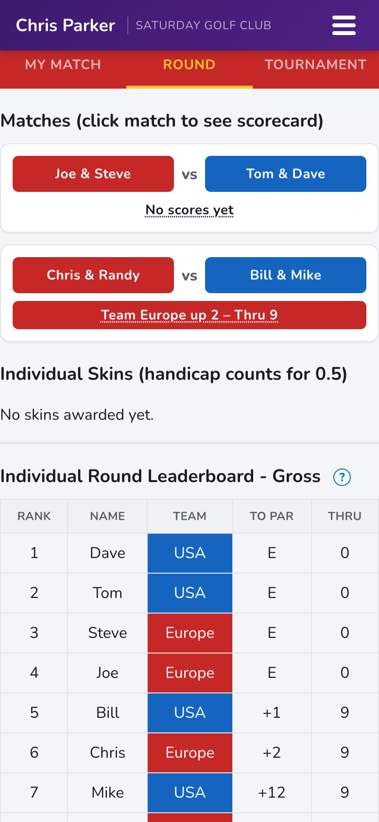 Round tab with matches and leaderboard