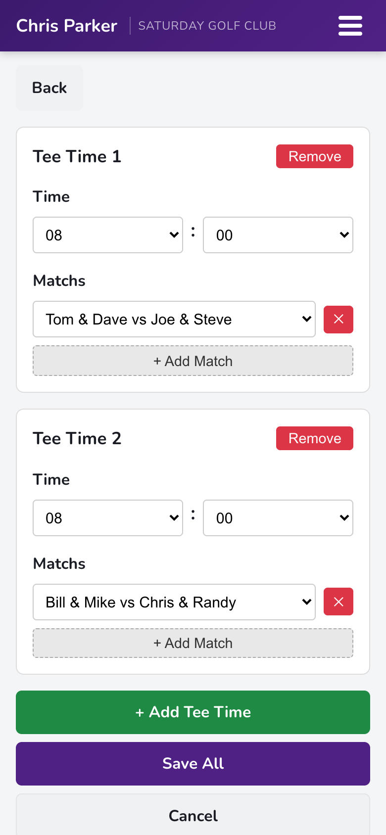 Tee times with matches assigned